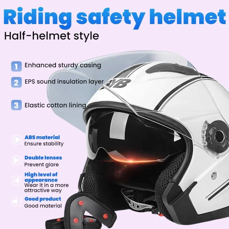 Casco moto stile aperto, dotato di parasole a doppio strato. Adatto sia per uomini che per donne, applicabile a tutte le stagioni.