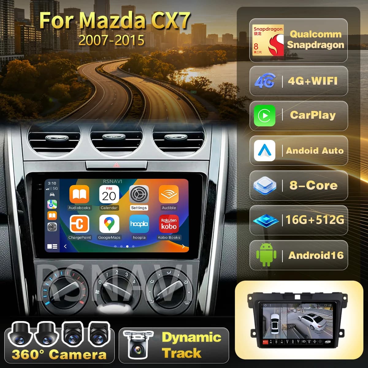 Snapdragon Android 16 Carplay Auto 2K QLED Screen Car Radio For MAZDA CX-7 CX7 2007 2008 2009 - 2014 Navigation Player 2din DVD