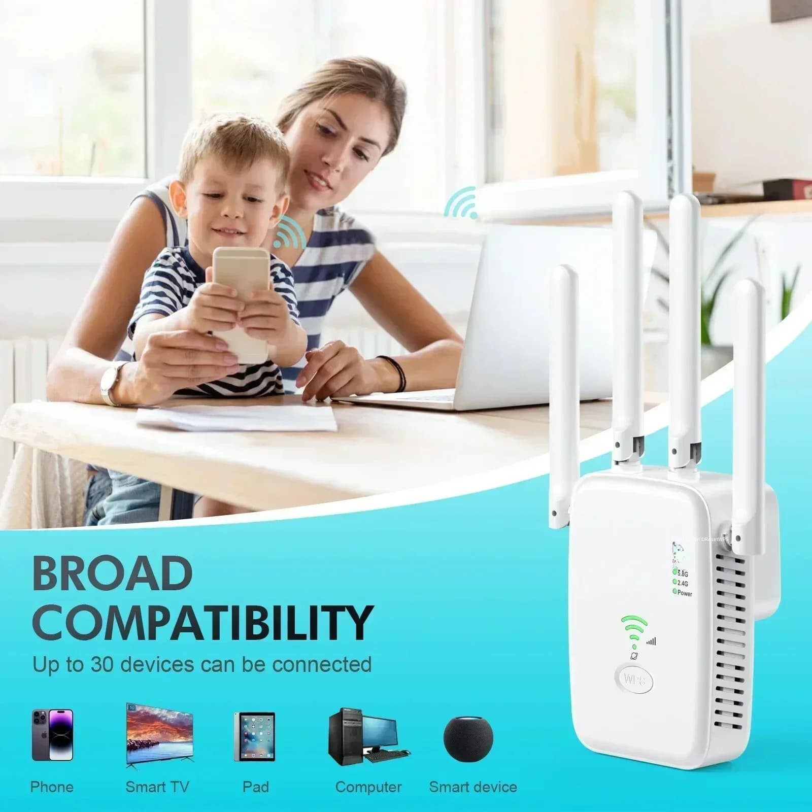 NUOVO Router Wireless 1200Mbps, Ripetitore WiFi 2.4G 5G, Amplificatore di Segnale WiFi, Estensore Router, Booster WiFi per Casa e Ufficio