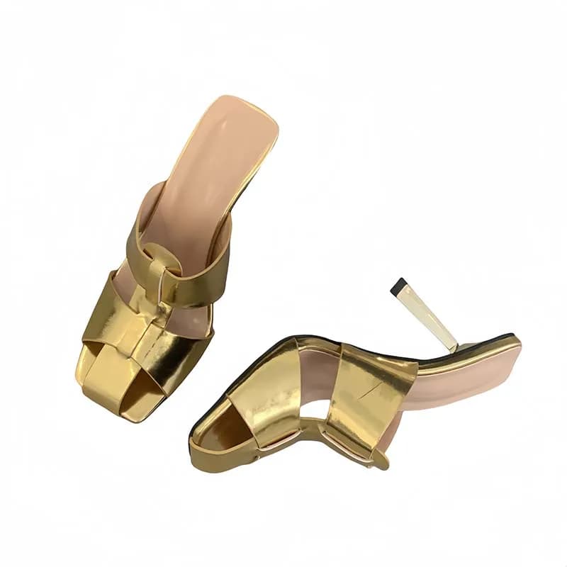 Gold Stiletto Heels Closed Toe Slippers Black Patent Heels Sandals Summer Belt Weaving Women Shoes 2026 Woman Silver Sandals