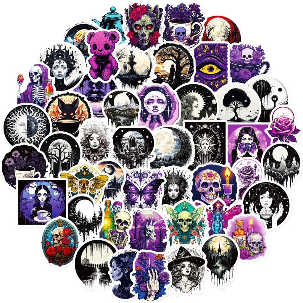 50 pezzi di cartoni animati viola scuro scheletro fresco graffiti gotici adesivi per casco bicicletta astuccio decalcomanie registrazione YourLife Store