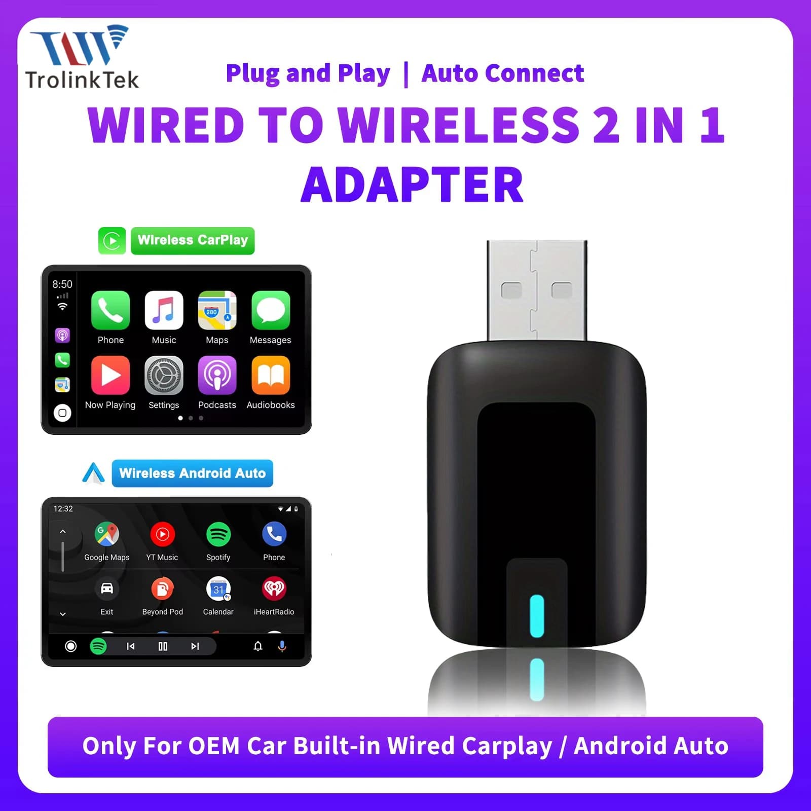 TrolinkTek Smart Box Wireless Adapter CarPlay and Android Cars Wired Carplay OME Dongle Wireless Automatic Connector Plug & Play