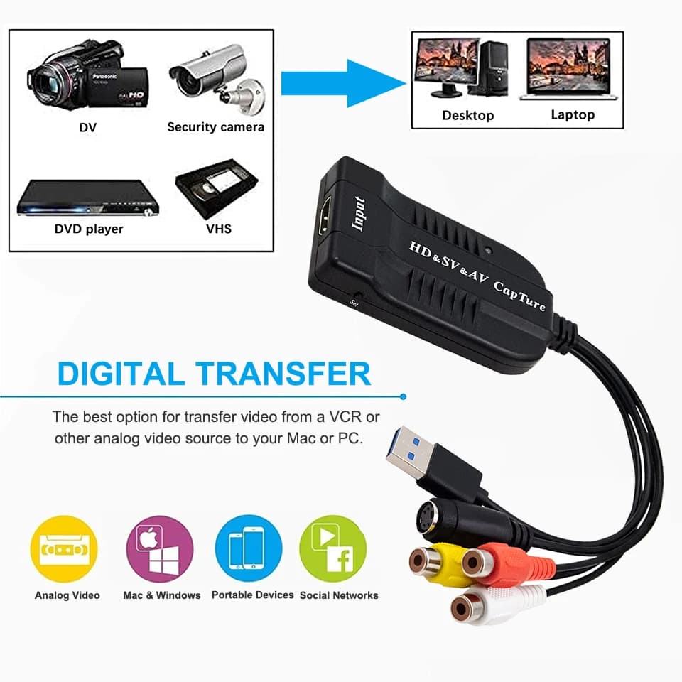 Video Capture Card USB 2.0 HD/AV/3RCA/S video VHS Analog-Digital Converter USB Capture Card Device for Hi8 DVD VCR PS3 PS4