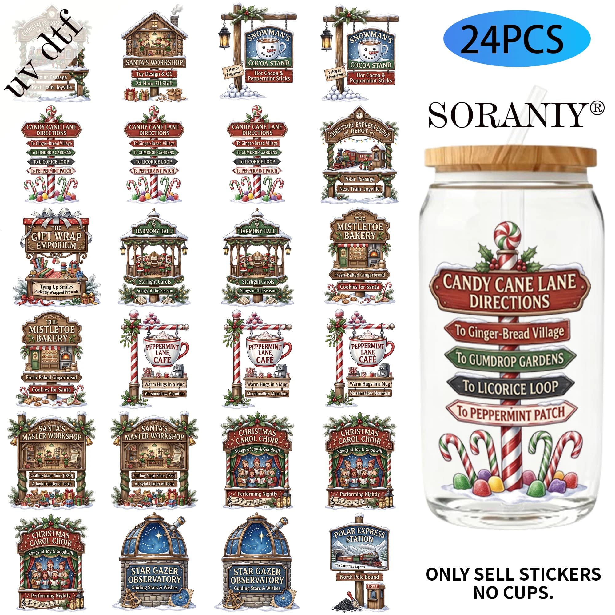 24PCS/Set Watercolor Christmas Signpost Themed UV DTF 16OZ DIY Transfer Paper Set Golden Text Used For 16oz Water Bottles Glass