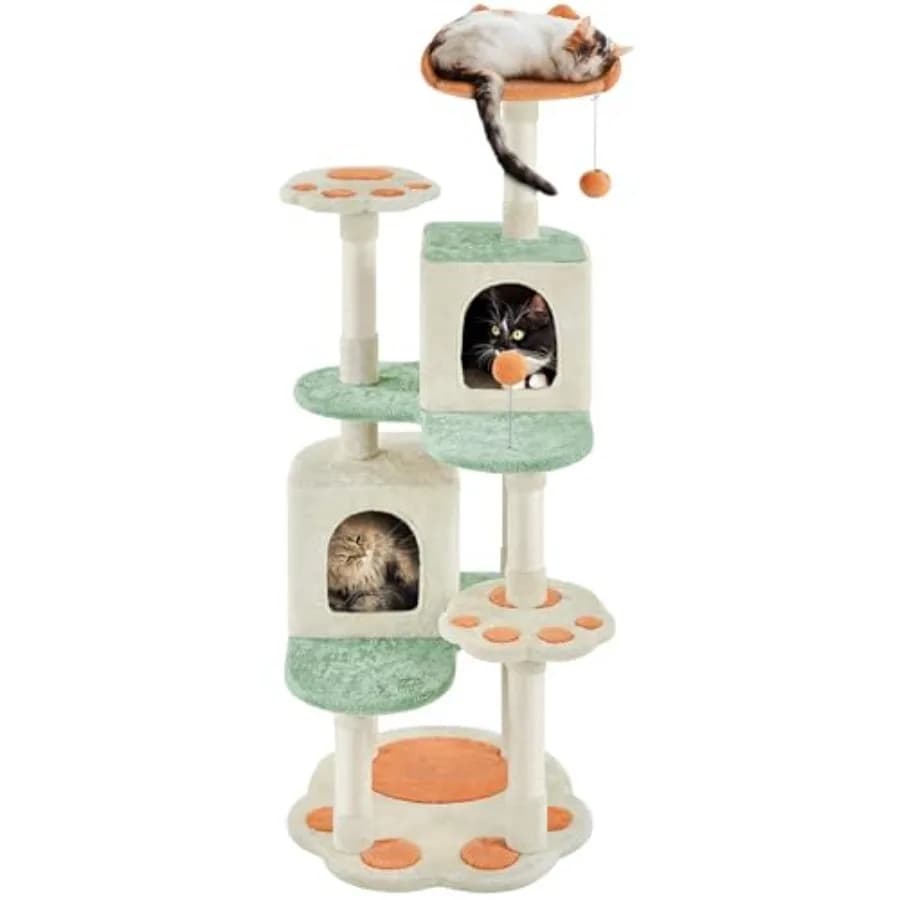 Torre per Gatti Multifunzionale con Piattaforma a Forma di Zampa, Tiragraffi, 2 Cuccette e Palline Pendenti per Gatti