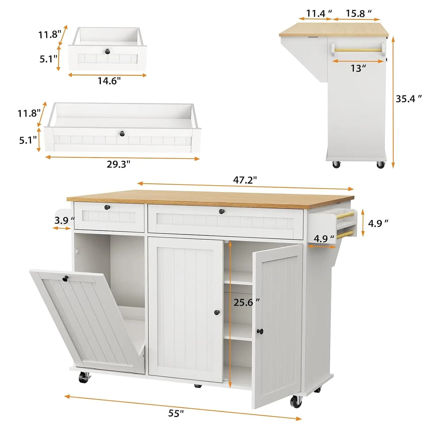 Kitchen Island 55" Wide Rolling Cart with Towel Rack, Spice Rack, Knife Holder & Trash Can, Portable Storage White, Customized