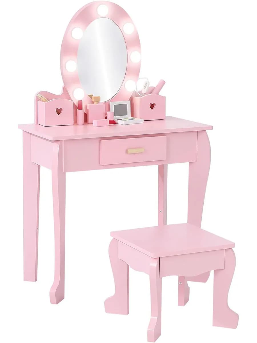 Kids Dressing Table and Stool Set with Light & Mirror, Children Vanity Table with Drawer& 2 Storage Boxes,Kids Vanity Set for 4-9 Years Old, Princess Makeup Table for Bedroom, Playroom