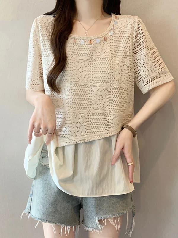 Bohemian Style Hook Flower Hollow out Shoulder Women's Shirt Summer New plus Size Doll Top Korean Version Loose Fit T-shirt