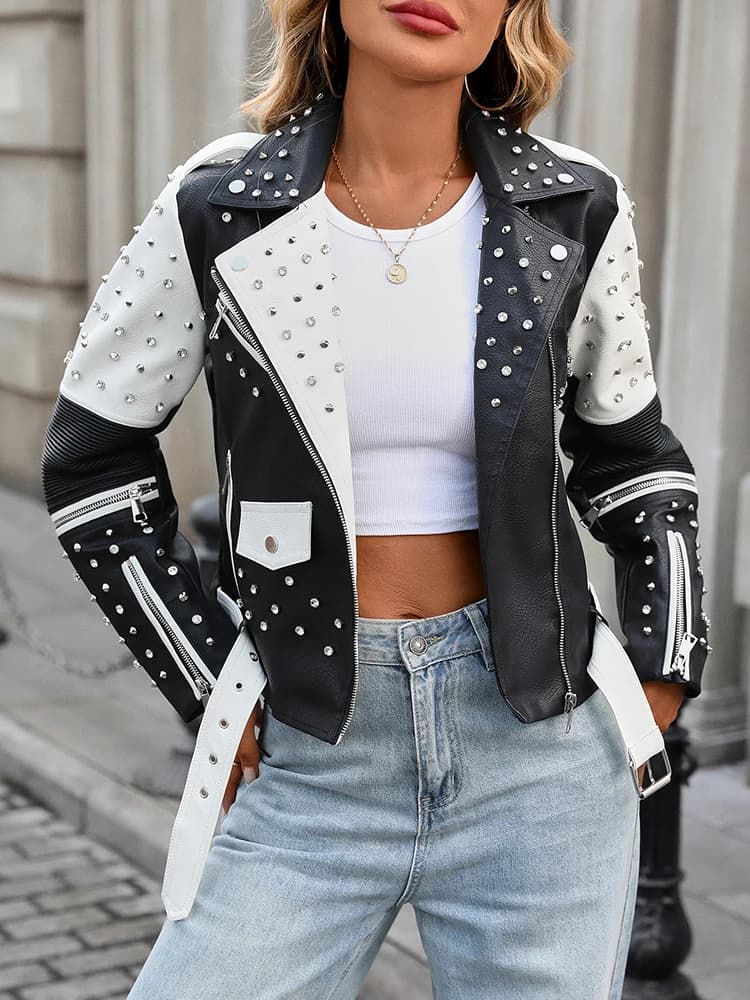 Ailegogo New Spring Autumn Women Street Rivet Black White Faux Leather Jacket Moto Biker Punk Belt Coat Outwear