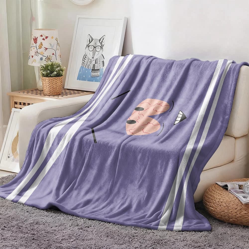 Coperta in flanella con faccina divertente, plaid viola a righe giocoso, morbido e accogliente per decorazioni divertenti per la casa, regalo caldo per divano e poltrona