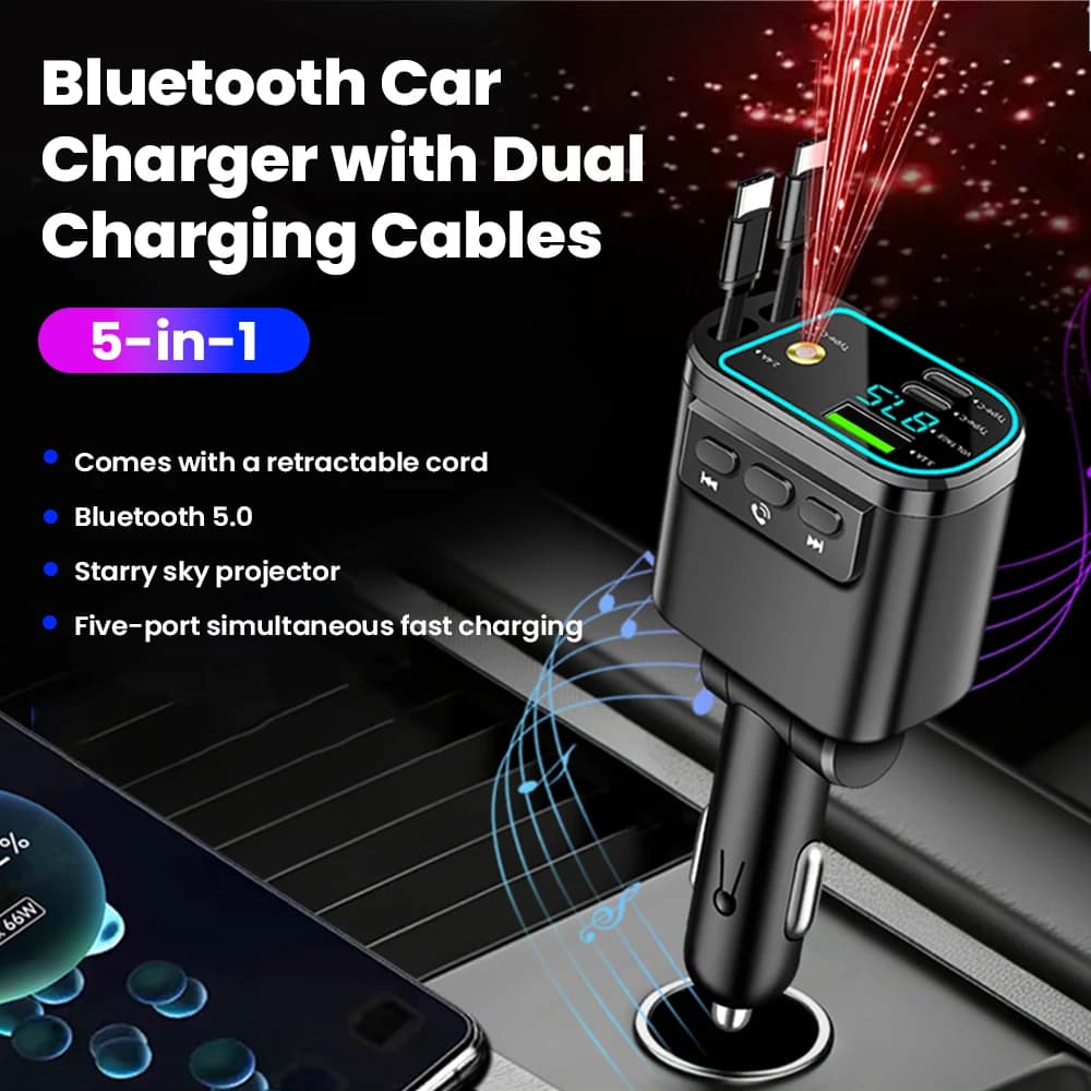 Caricabatterie Auto Retrattile 5 in 1 con Cavo USB C PD per Ricarica Rapida, Adattatore per Accendisigari Auto con Illuminazione Stellare per iPhone e Samsung