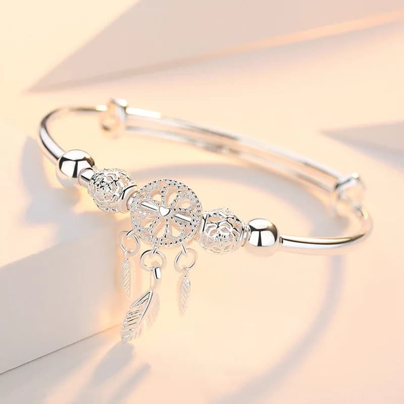 Adjustable 925 Sterling Silver Dreamcatcher Tassel Feather Round Bead Charm Bracelet &Bangle For Women Elegant Jewelry