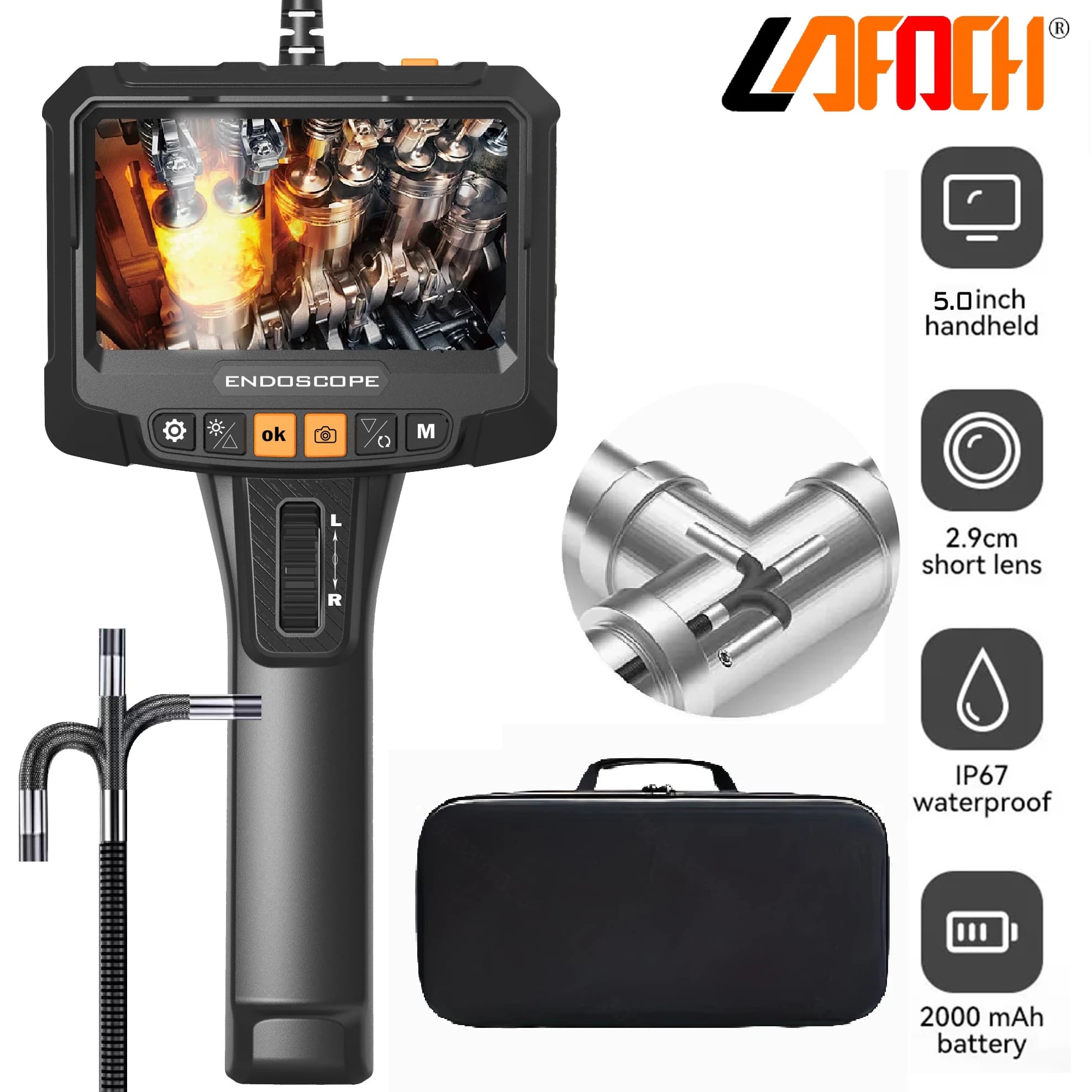 360 ° double lens rotating endoscope, 5 inch 3.9 mm IPS endoscope inspection camera, automotive mechanical endoscope