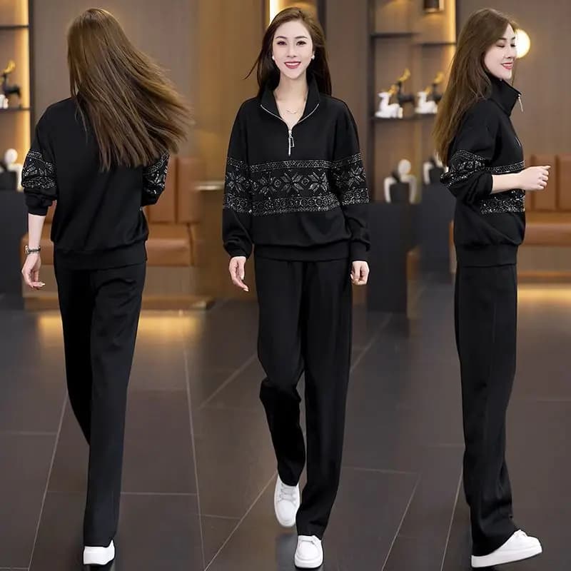 Completo Sportivo da Donna con Strass, Maniche Lunghe, Collo Alto, Casual, Due Pezzi, alla Moda, per Primavera e Autunno