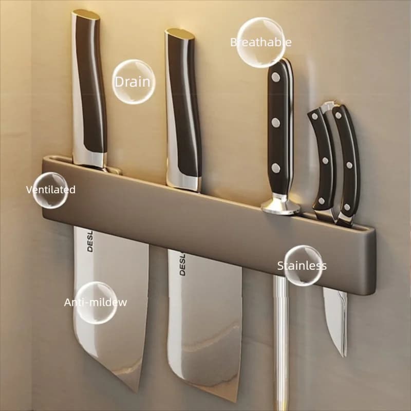 For Home Use 304 Steel Knife Insertion Rack Wall-Mounted Kitchen Knife Holder No Punching Stainless Steel Storage Rack