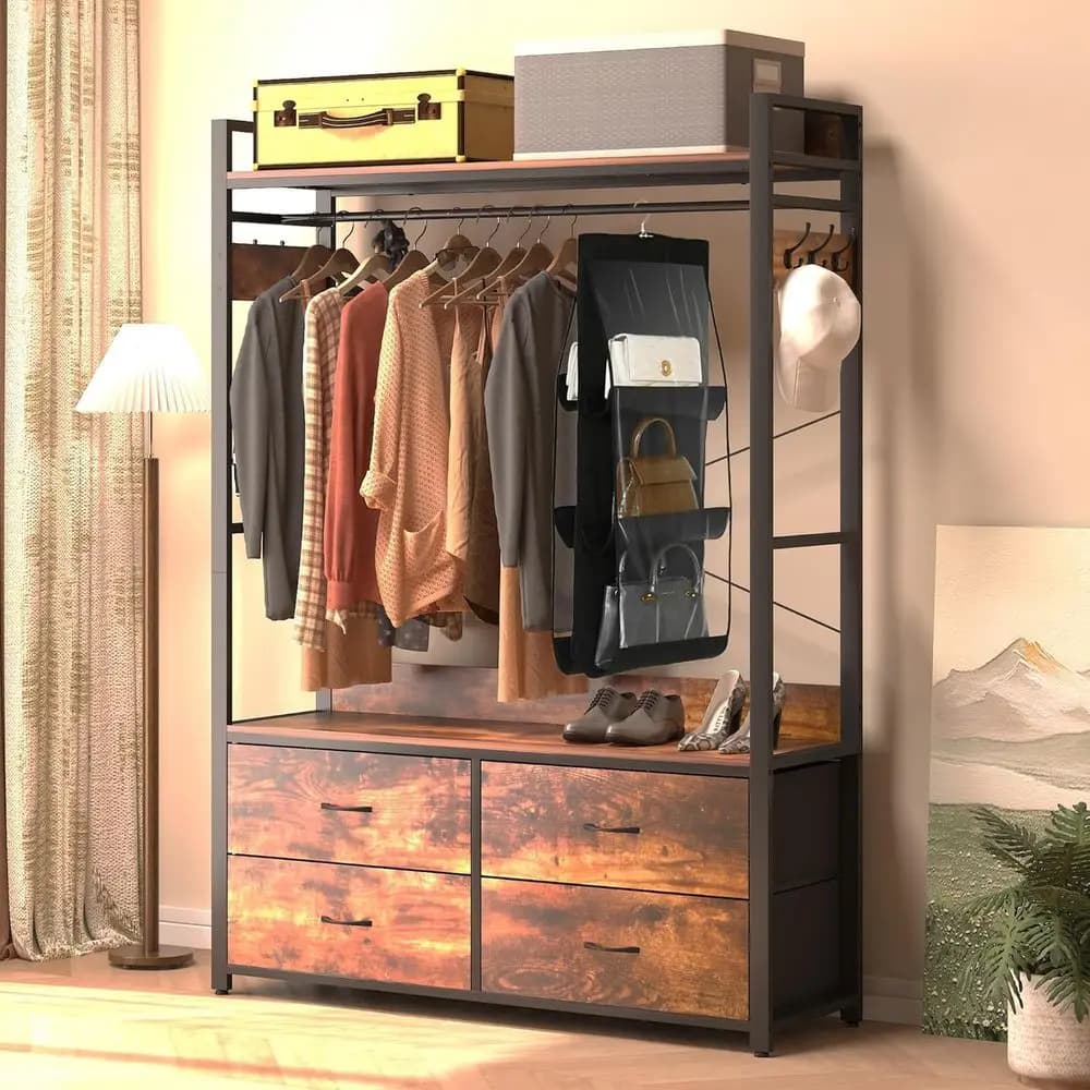 Multi-Tiered Garment Rack with Hanging Bar and Storage for Clothes, Shoes, Bags, and Hats