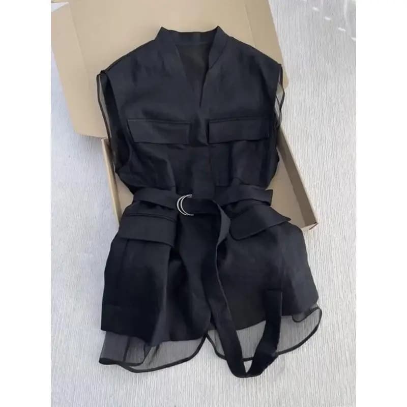 Gilet Elegante Coreano Nero con Inserti in Rete, Senza Maniche, Scollo a V, Vita Sottile, con Cintura e Tasche, Stile Casual Coreano