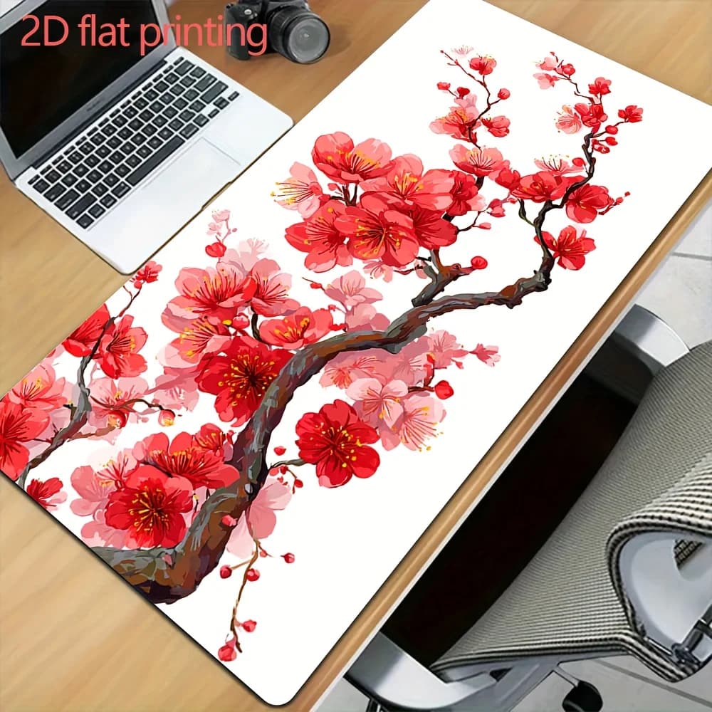 Tappetino per mouse XXL con ramo di fiori di prugna rossa, tappetino da gioco antiscivolo in gomma per tastiera, per PC, laptop, ufficio, idea regalo