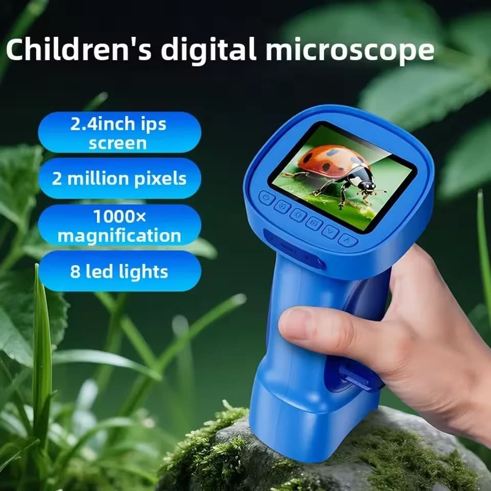 Microscopio digitale portatile 1000X per bambini, schermo IPS da 2,4 pollici, mini microscopio portatile con fotocamera, lente d'ingrandimento biologica, giocattolo educativo