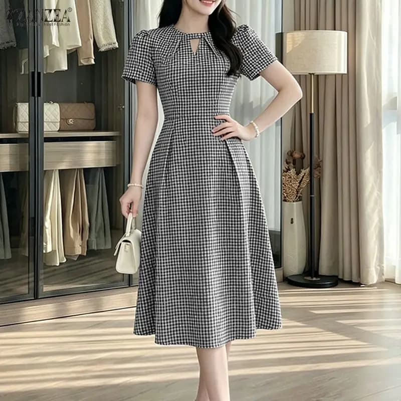 ZANZEA Elegant Gingham A-Line Midi Dress Women O-Neck Cutout-Front Short Sleeve Dresses Cinch Waist Mid-Calf Length Robes Femme