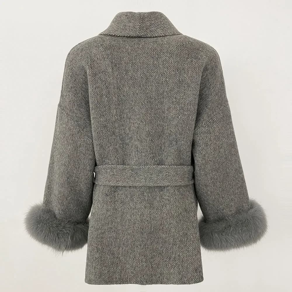 New Women Fashion Office Lady Detachable Natural Oversized Fox Fur Cuffs Jacket Autumn Winter Real Natural Loose Warm Wool Coat