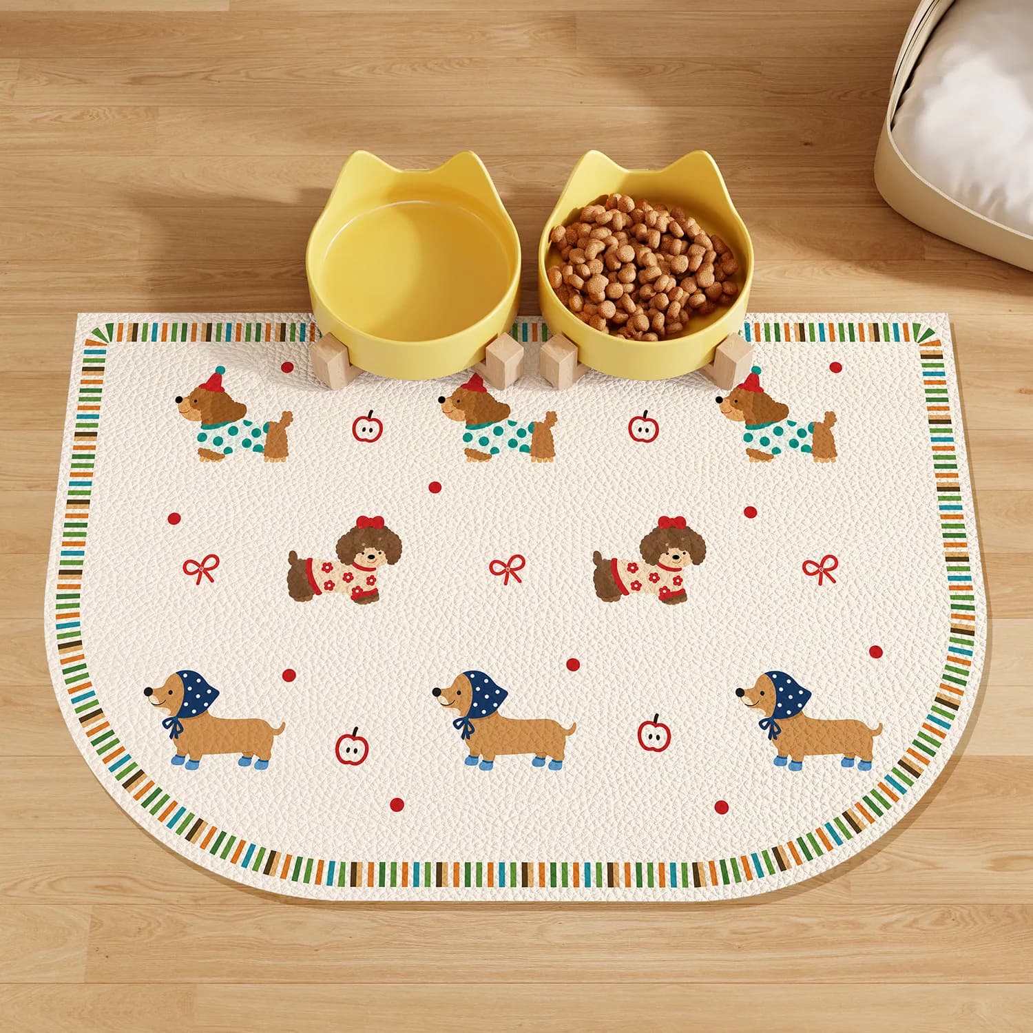 VIKAMA Cute Dachshund Print Pet Feeding Mat Semicircle Waterproof Anti-Slip Food Mat for Puppy Kitten Bowl