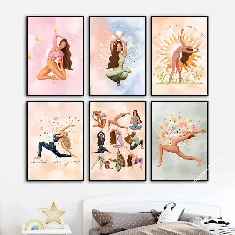 Boho Pilates exercise woman Yoga Wall Art Canvas Painting Cartoon Nordic poster and print images for decoration of the living room