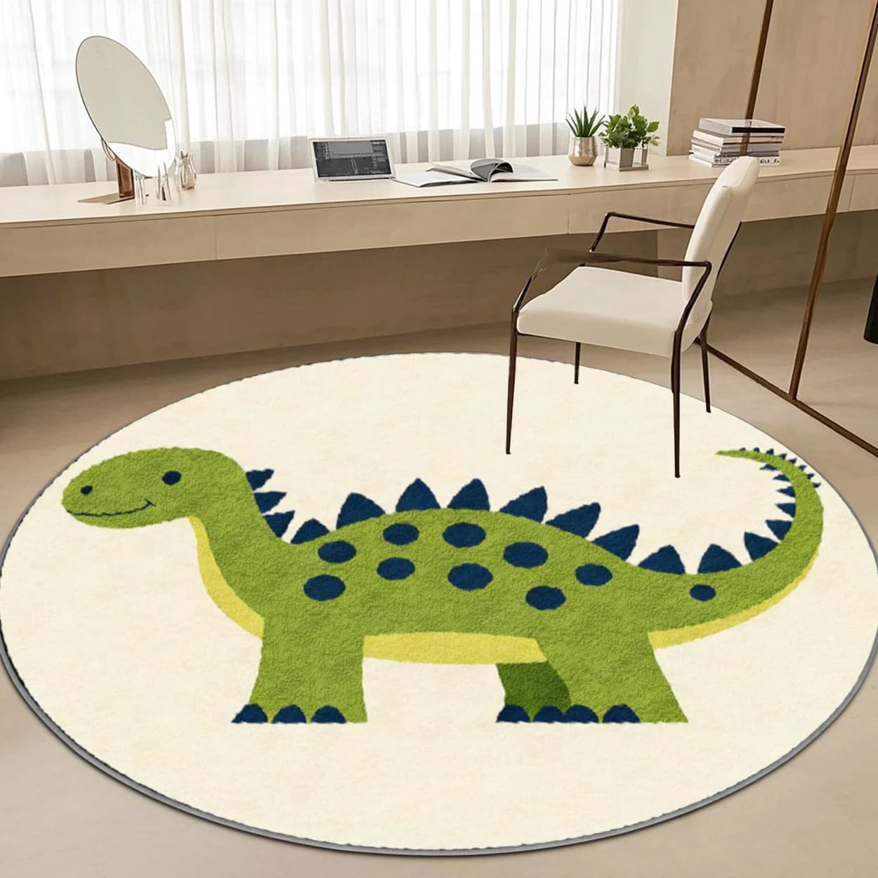 Tappeto Rotondo con Dinosauri per Cameretta Bambini, Tappetino da Gioco, Simpatico T-Rex Verde, Decorazione per Pavimento