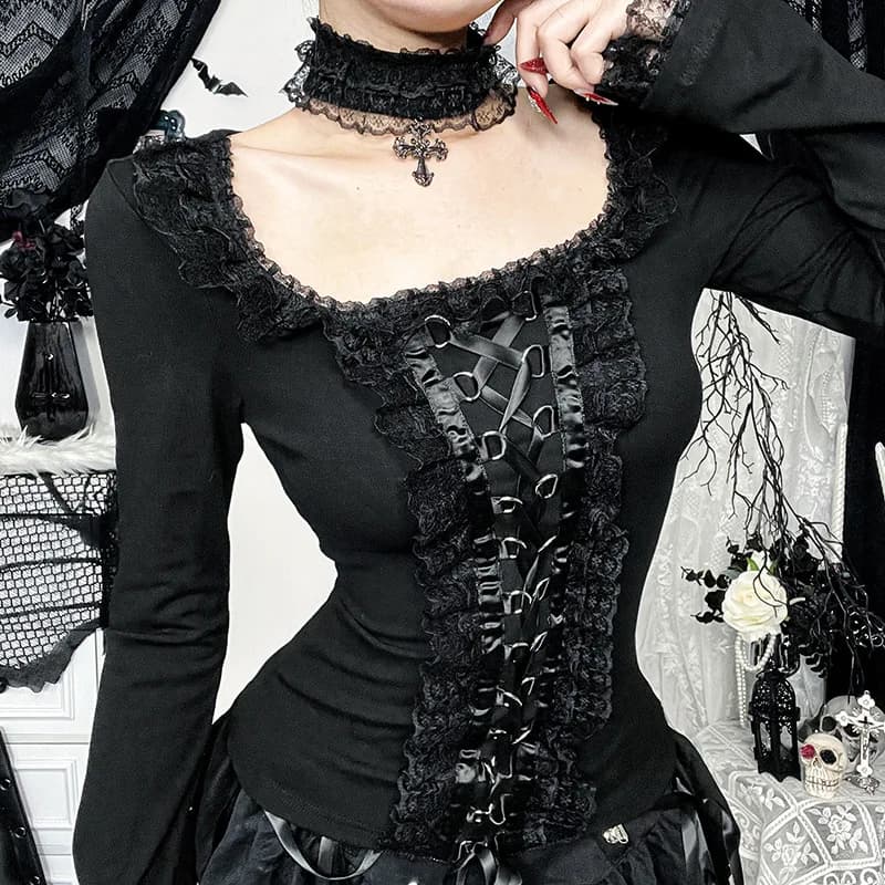 T-shirt Goth Nera con Bordo in Pizzo, Maglietta Nera a Maniche Lunghe Sexy con Lacci, Nuova Maglia Goth Y2K Grunge Punk Lolita, Top Donna Vintage