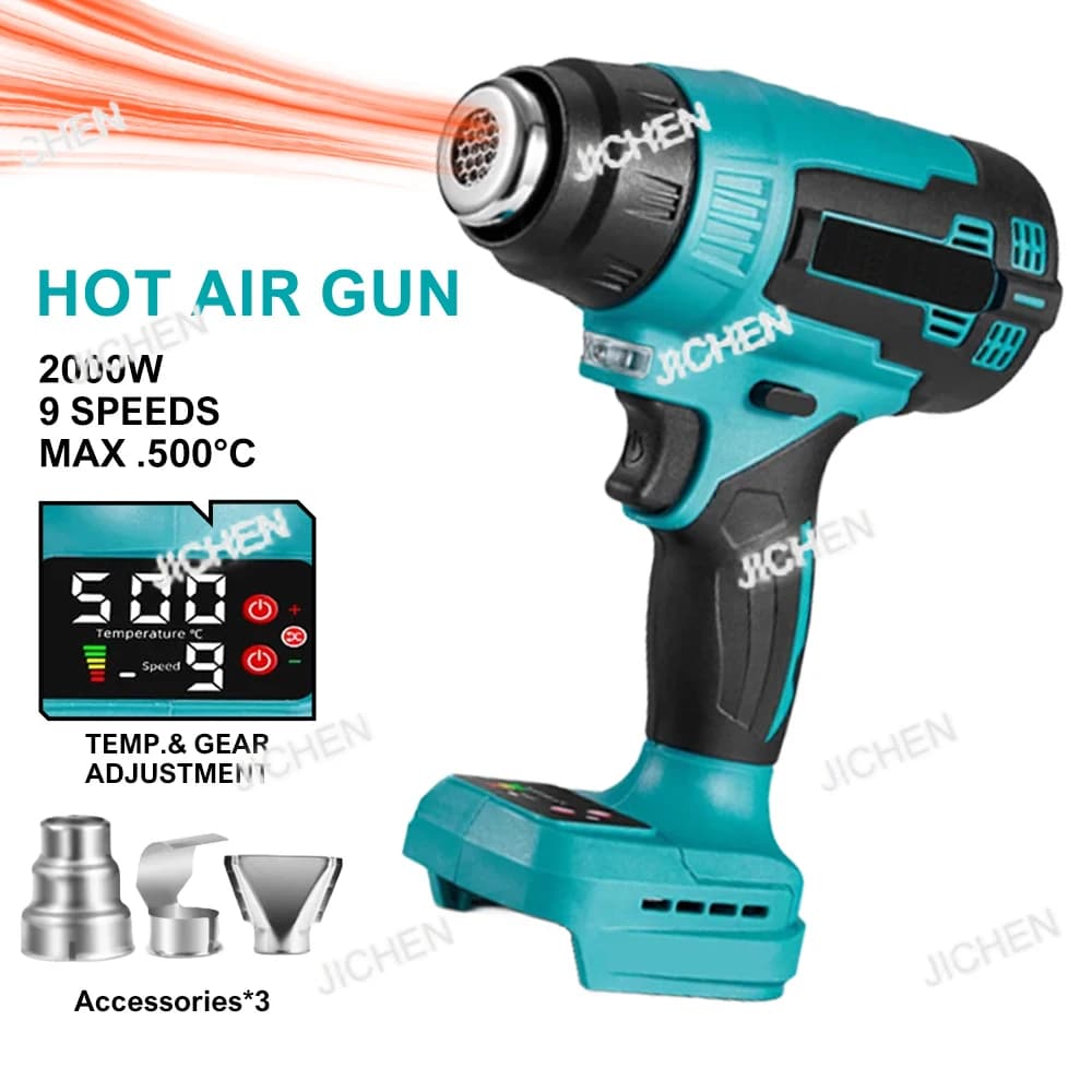 Pistola termica a batteria JC 2000W Aria calda elettrica per batteria al litio Makita 18V Protezione dalle alte e basse temperature e sovraccarico