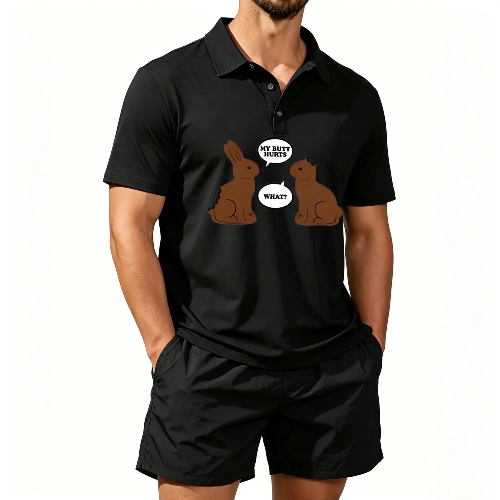 Men's Polo Shirt and Beach Shorts Set, Chocolate Bunny Dialogue Fun Style, Casual and Comfortable Fit