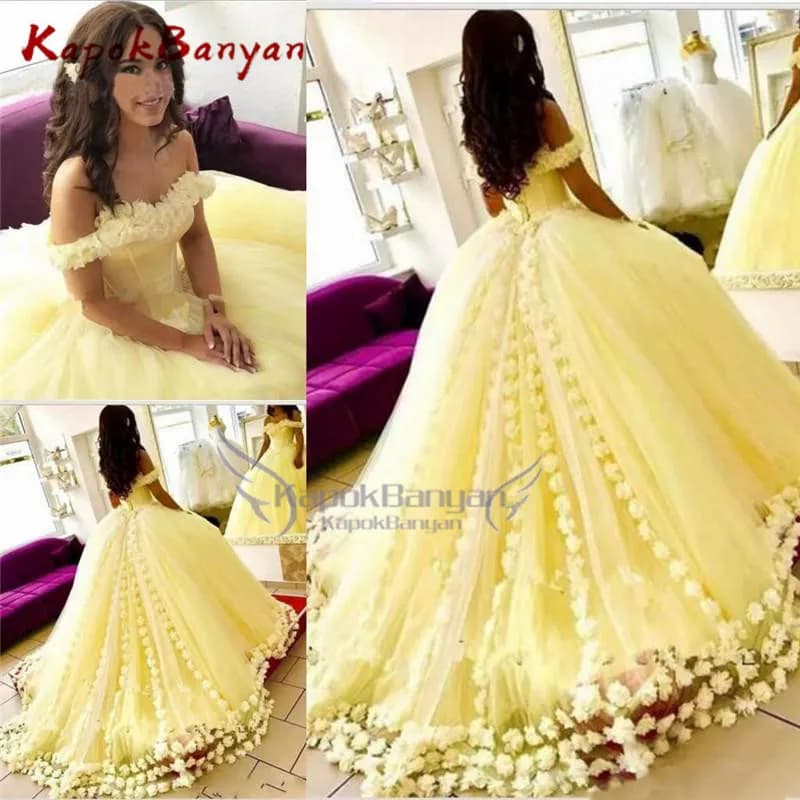 Splendido abito da ballo nuovo arrivo dolce 16 vestito da festa giallo dolce ragazza gonna con spalle scoperte abito da ballo con applicazioni floreali 3D