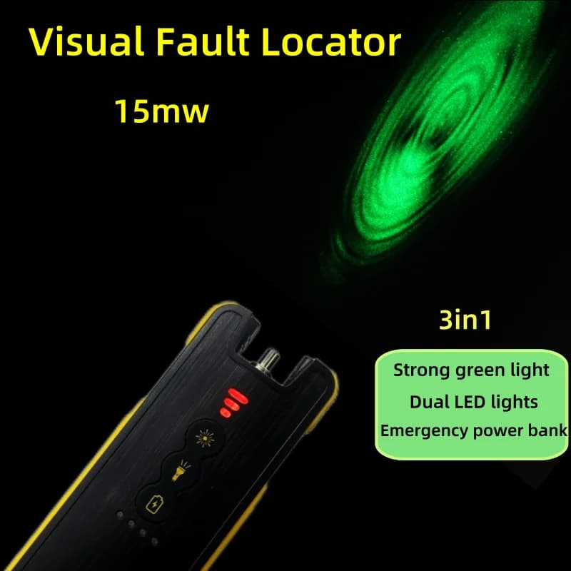 Penna a luce verde in fibra FTTH 3 in 1 Localizzatore visivo di guasti in fibra ottica da 15 mw Batteria da 3200 mAh Power Bank Doppia illuminazione a LED SC ST FC
