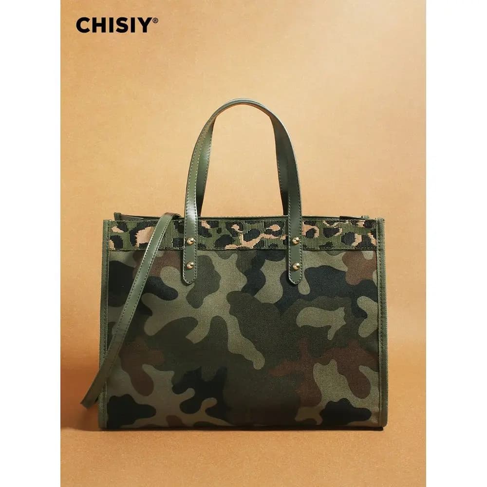 Original Camouflage Green Large Tote Bag, Colorblock Design, Spacious Capacity Handbag, PU Leather Patchwork Camo, Fashionable