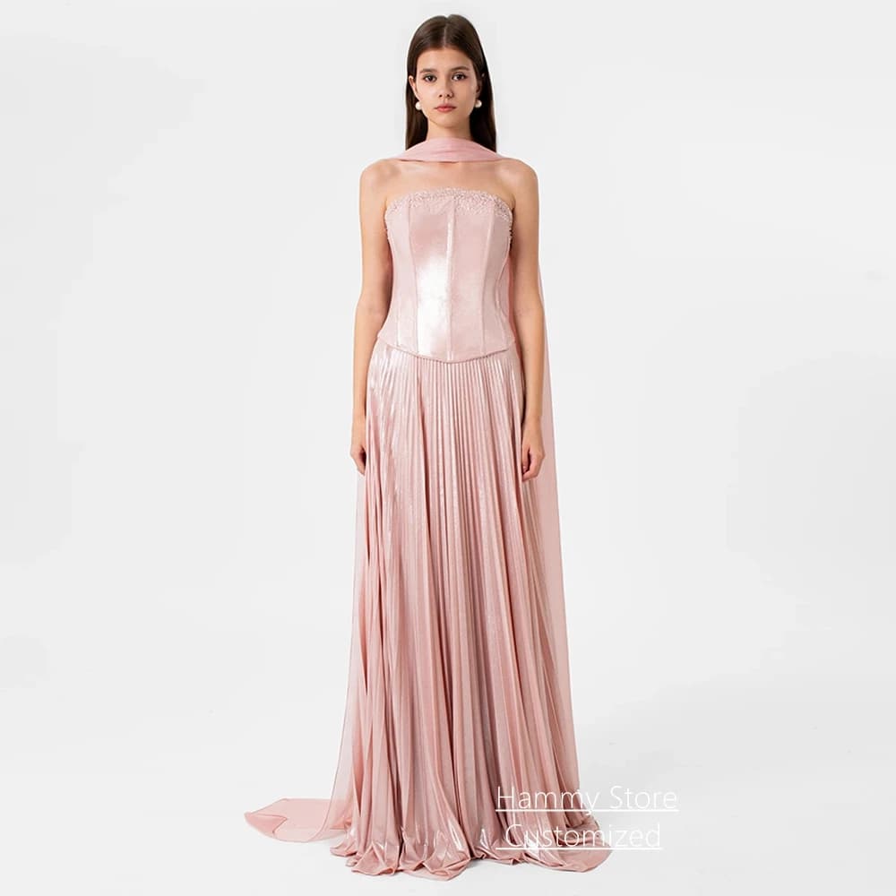 Customized Prom Dress with Shawl Fashion Strapless Sleeveless Beading Pleated Skirt A Line Sweep Train Evening Gown