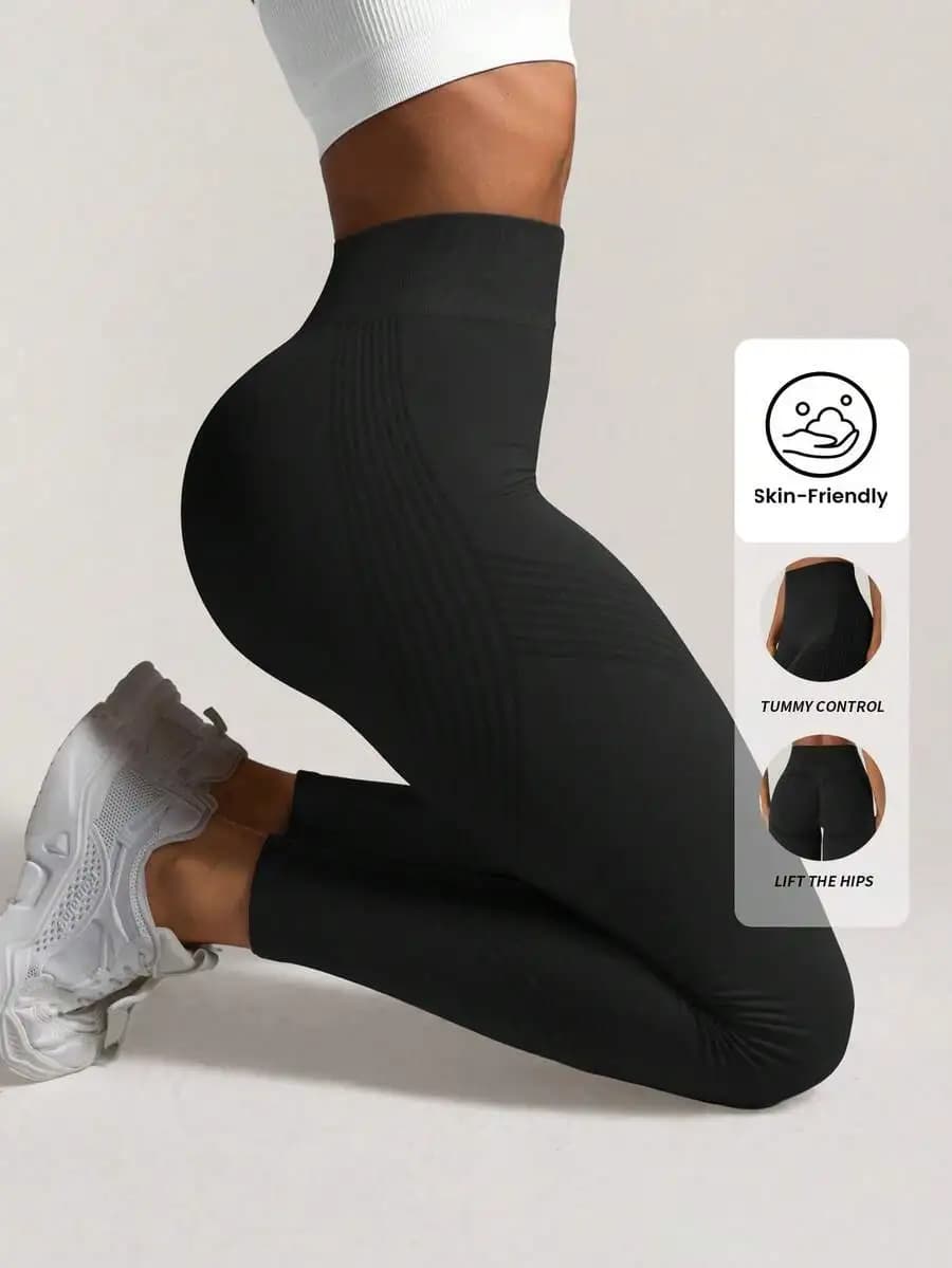 Leggings sportivi senza cuciture a vita alta per donna, pantaloni da yoga e fitness con effetto push-up e controllo della pancia, neri