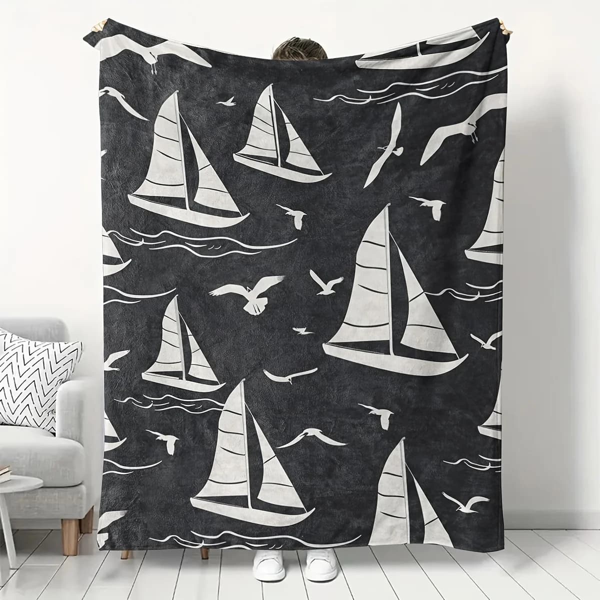 1 Coperta in pile di flanella con motivo moderno per barche a vela - Ipoallergenica, resistente alle macchie per divano, letto, viaggi, ufficio - 100% poliestere