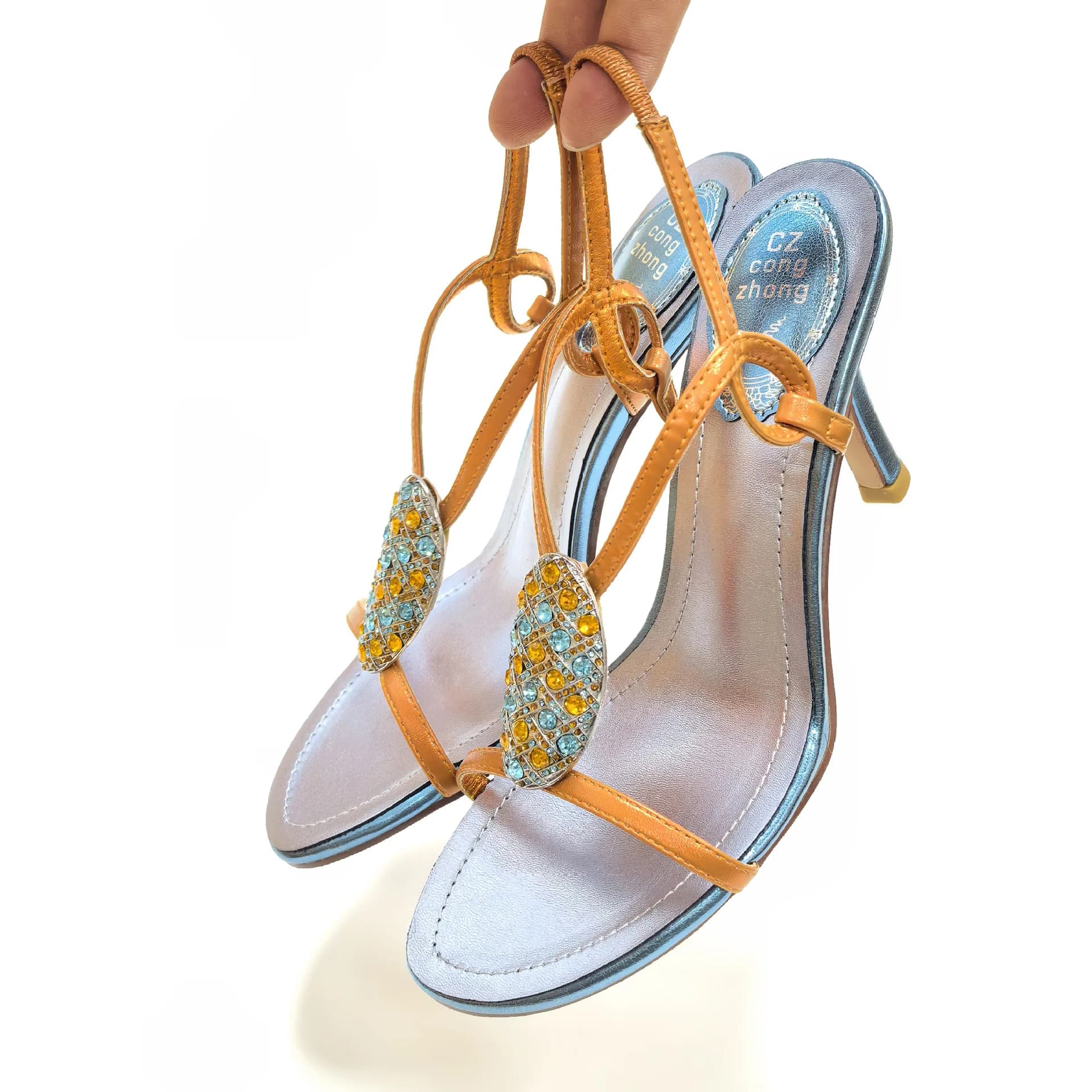 Summer New Round Head Water Diamond Easter Egg Gem Color blocked Strap Sandals Party Dress Versatile Thin Heels Women's Shoes