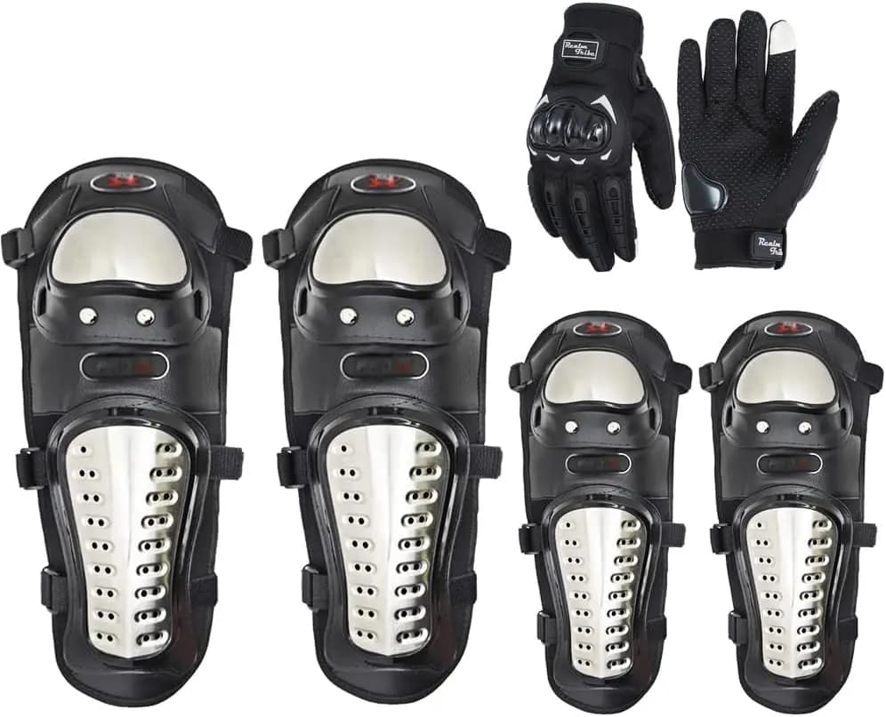 Set di 6 Protezioni in Acciaio per Ginocchia e Gomiti da Moto con Guanti, Accessori per Moto, Protezioni per Ginocchia e Tibie da Motocross