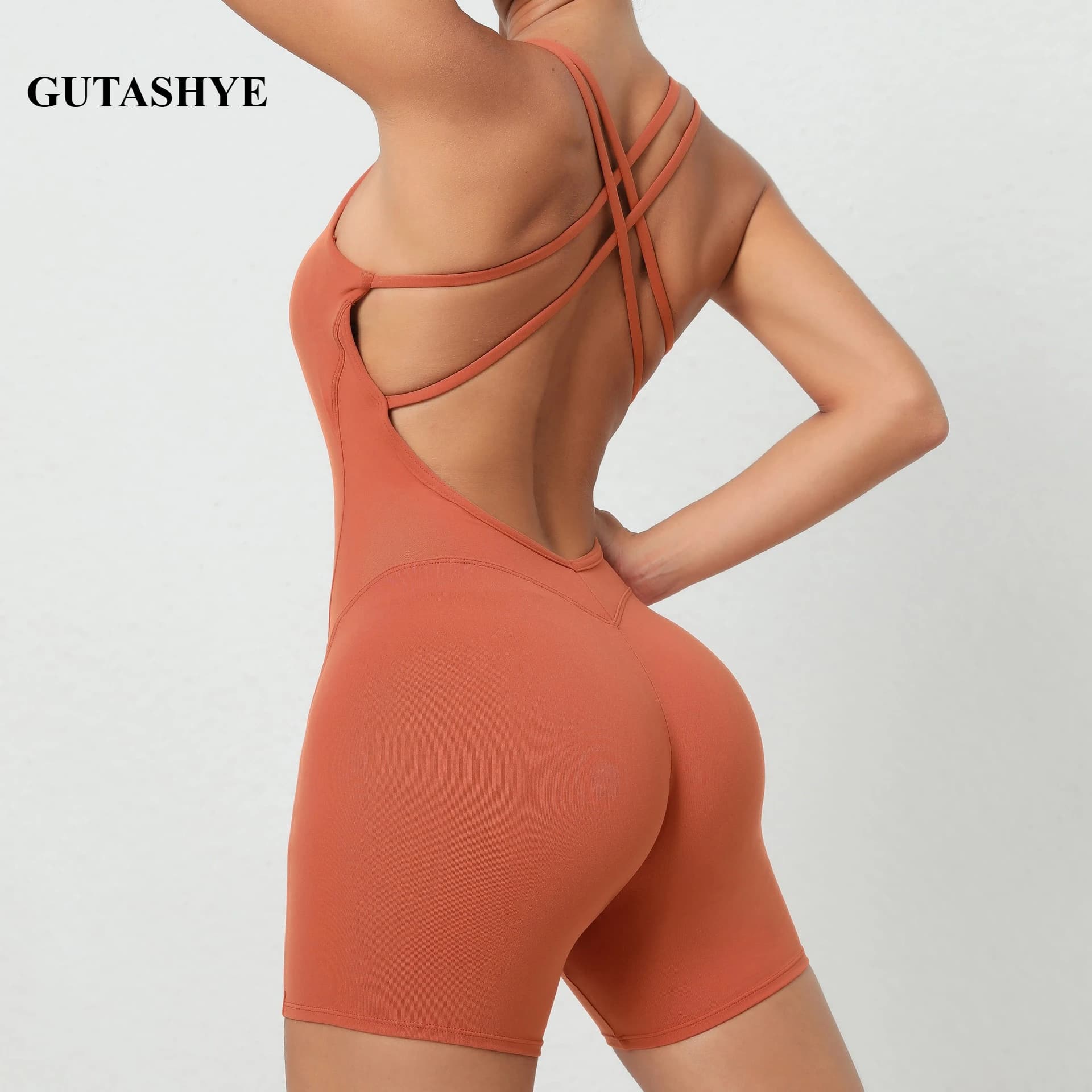 Tuta da Yoga Modellante per Donna, con Schiena Incrociata, Aderente, Monopezzo con Pantaloncini, Senza Effetto Camel Toe, per Fitness e Pilates