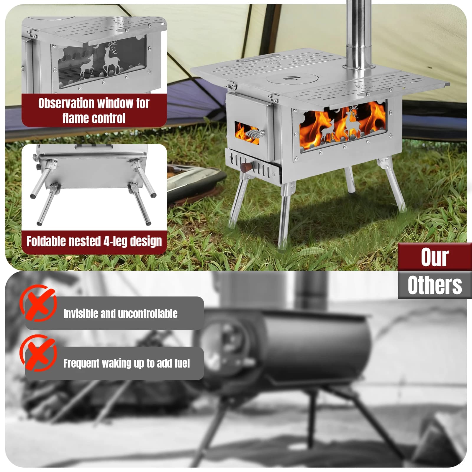 Wooden hanger with stainless steel structure, Camping stove for Heating and Open kitchen, Ice fishing, Hunting