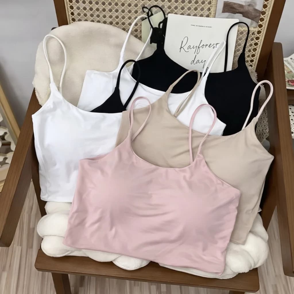 Women Seamless Padded Camisole Top Soft Stretch Spaghetti Strap Crop Tank with Built-In Bra for Daily Wear Layering