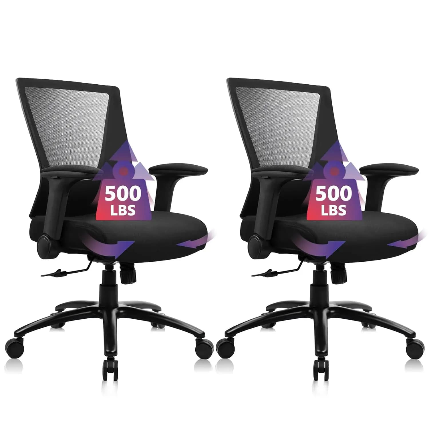 Sedia da Ufficio Ergonomica Robusta 500 libbre con Braccioli Ribaltabili, Cuscino Largo e Spesso, Girevole in Rete per Casa, Studio, Conferenze, Confezione da 2, Personalizzabile