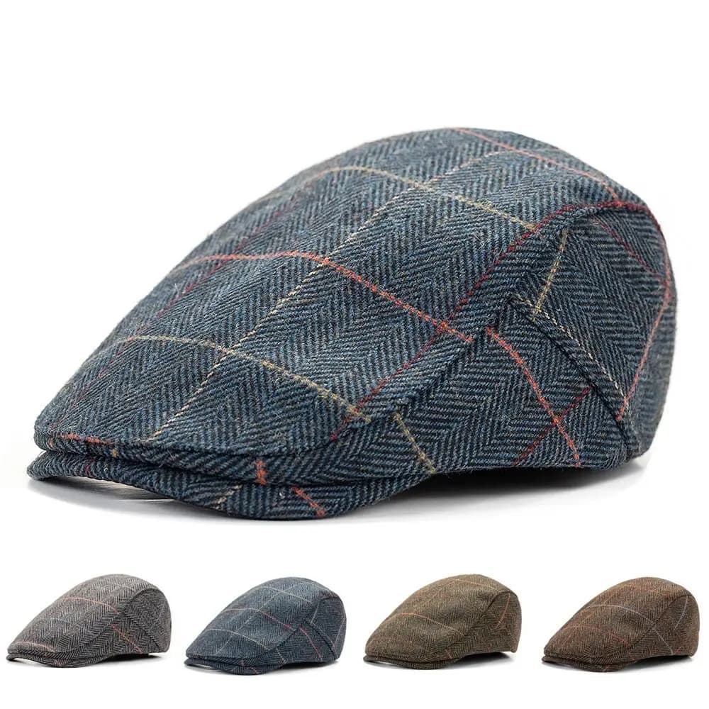 Berretto Vintage da Uomo in Misto Lana, Taglia Regolabile, Design a Righe, Cappello Piatto da Golf, Classico Invernale Caldo e Spesso, Stile Gatsby, da Gentiluomo