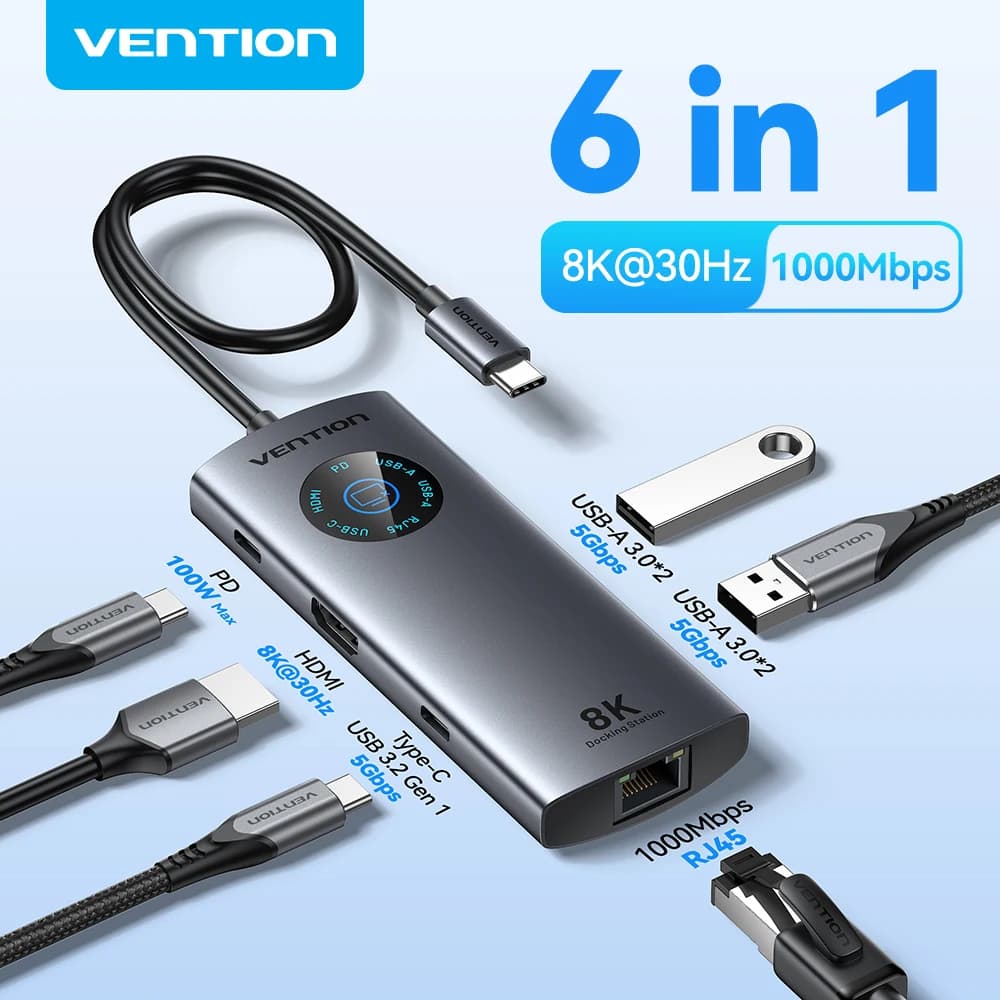 Vention 6 in 1 USB C 8K @ 30Hz HUB HDMI Smart Led Touch USB 3.0 Adattatore Ethernet Docking Station per MacBook Lenovo HP iPad Laptop