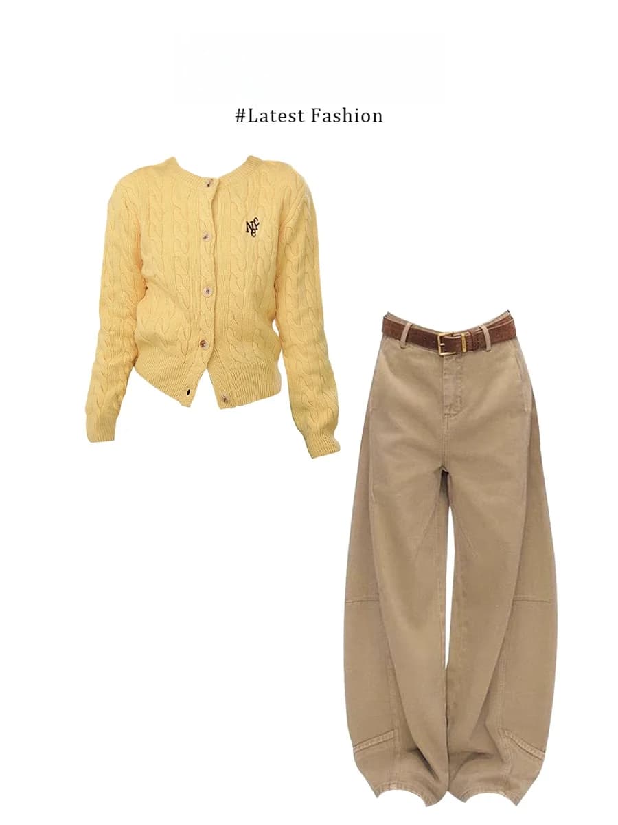 Parkyeon Nuovo Stile Primaverile: Set Donna con Cardigan Morbido con Nappe e Jeans Denim Kaki, Moda Casual, Pantaloni Lunghi a Vita Media Caldi
