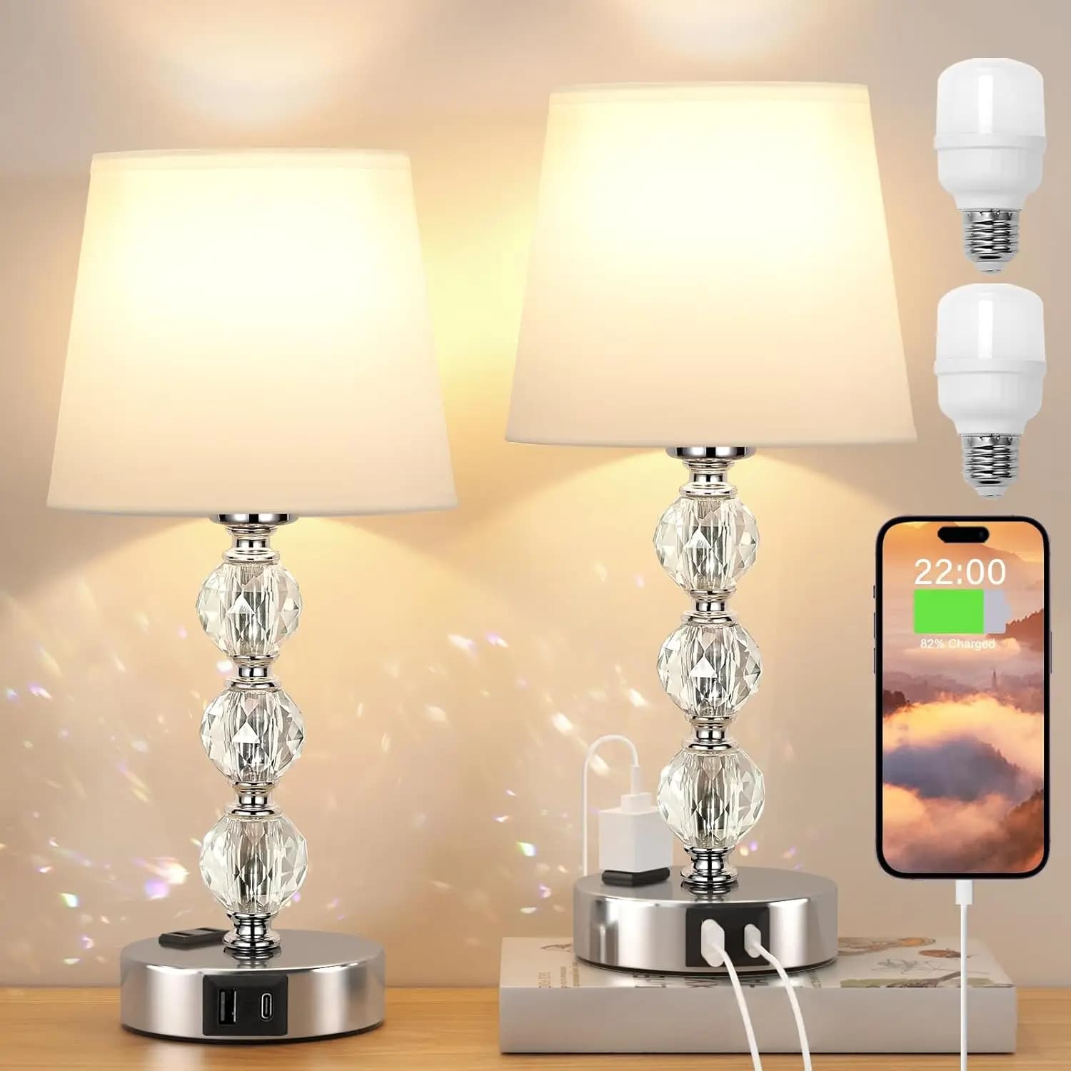Set di 2 Lampade da Tavolo in Cristallo con Porte USB, Controllo Touch, Design Moderno per Camera da Letto e Soggiorno