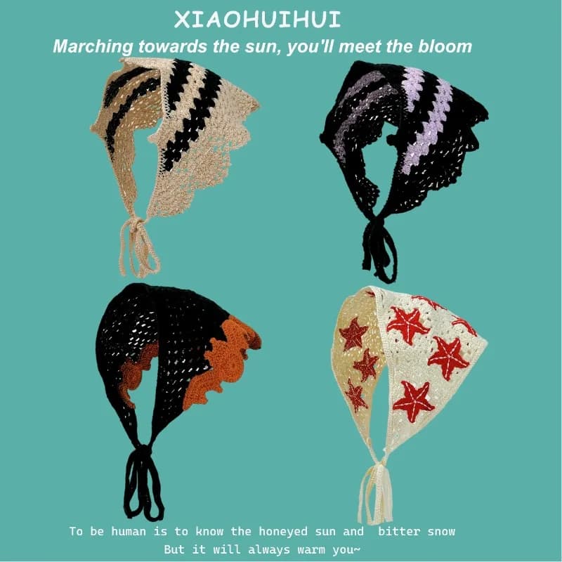 Gothic Retro Color Matching Pattern Crocheted Triangle Hair Scarf for Women Summer Travel Photo Versatile Literary Beanies