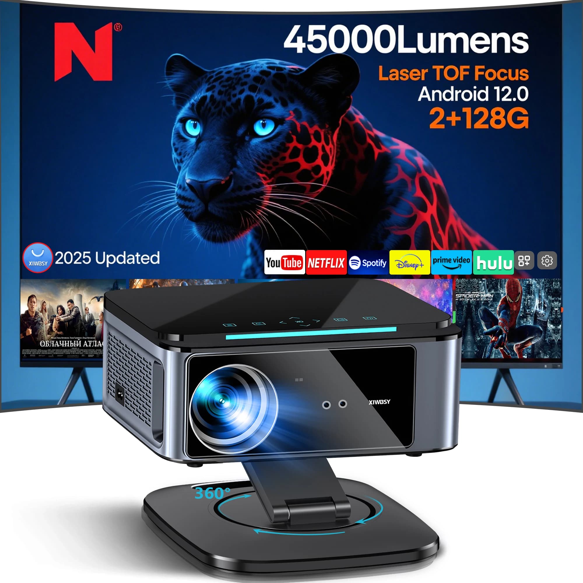 XIWBSY 2025 Proiettore Laser TOF con Messa a Fuoco, 45000 Lumen, Proiettore Portatile 4K Android 12.0 LED per Visione Diurna, WIFI6/20MS