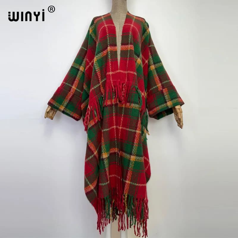 WINYI Winter Women tassel Cardigan coat Loose Christmas dress robe longue Thick Warm free size Stripe printing party winter coat